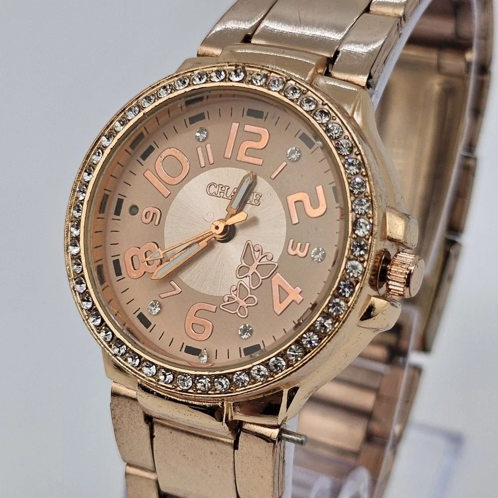 30MM Women's Watch Gold Dial Crystal Bezel Gold Bracelet Band 6.5